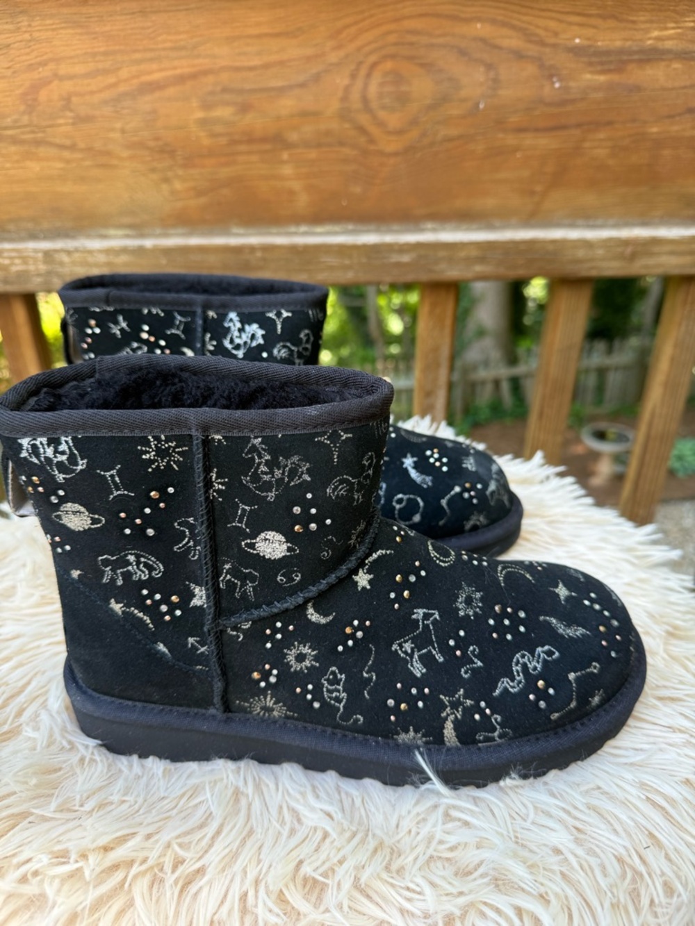 NIB Ugg Black Suede Short Boots with  Constellation Embroidery